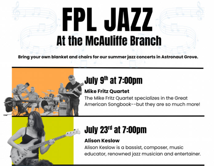 Poster promoting the July 9 and July 23 jazz concerts at McAuliffe Library